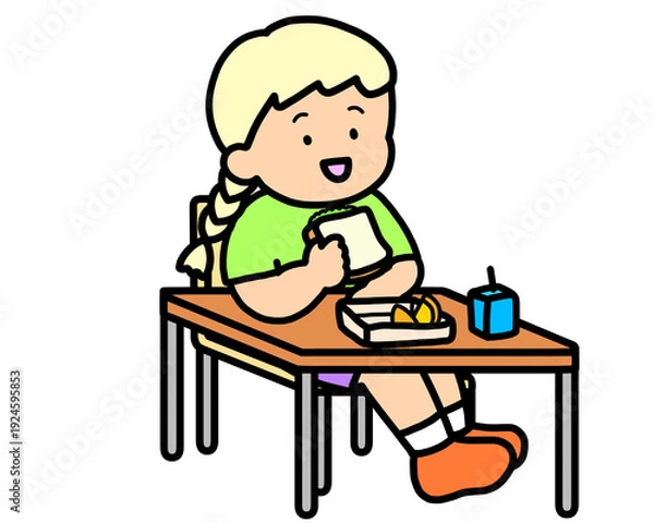 Obraz 学校生活　机でランチをとる金髪の女の子（サンドイッチ）