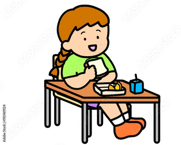 Obraz 学校生活　机でランチをとる茶髪の女の子（サンドイッチ）