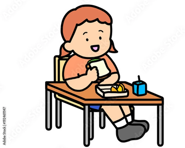 Obraz 学校生活　机でランチをとる茶髪の女の子（サンドイッチ）