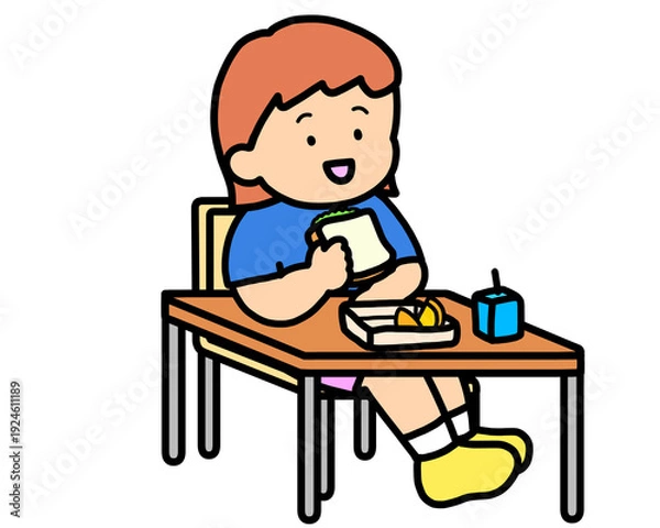 Obraz 学校生活　机でランチをとる茶髪の女の子（サンドイッチ）