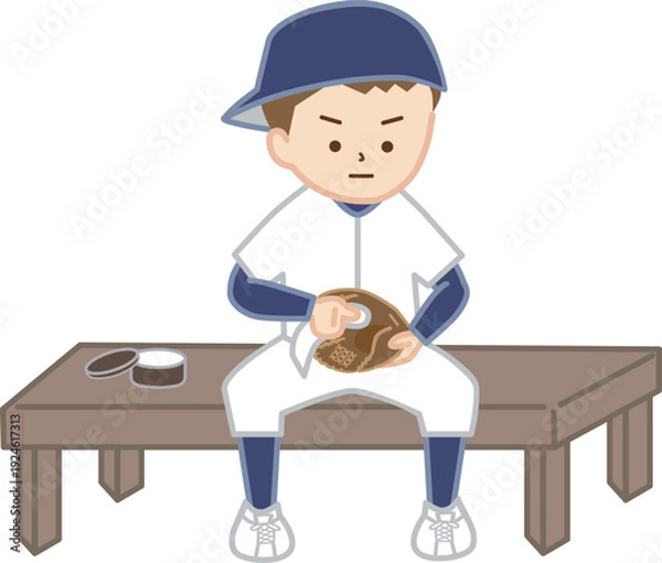 Obraz 帽子を後ろに向きにかぶり、野球のグローブのお手入れをする男の子