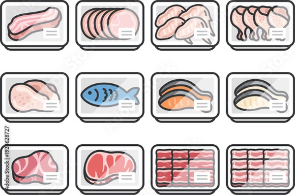 Obraz スーパーのパックに入った、鮮魚とお肉のアイコン（線画カラー）のイラストセット