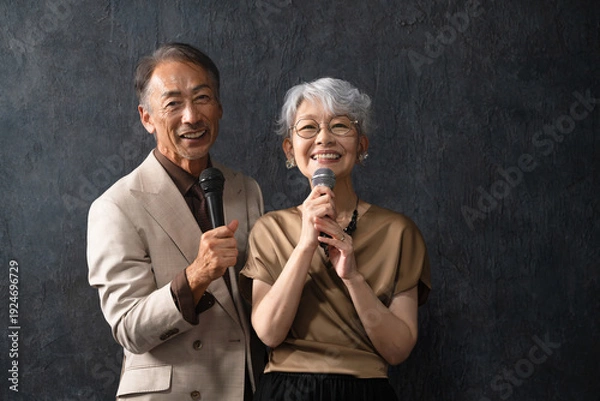 Obraz マイクを持って歌を歌うシニア男女　ライフスタイルイメージ