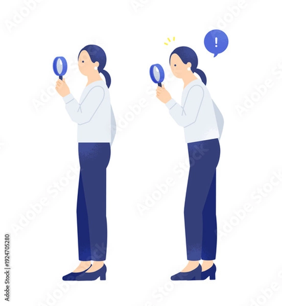 Obraz 虫眼鏡で「探す」と「見つける」調査・確認・発見の流れを表現した女性ビジネスパーソンのセット素材。