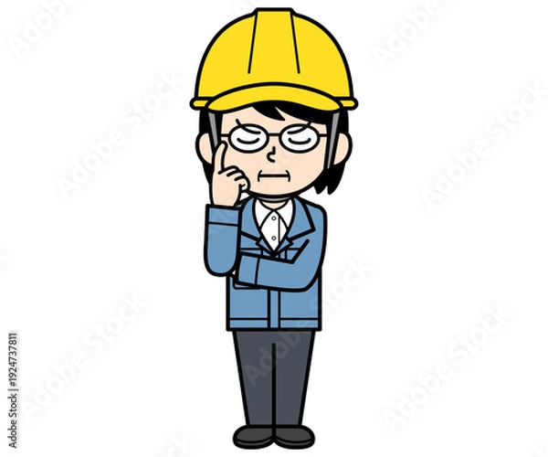 Obraz 熟考するヘルメットをかぶった現場監督の中年女性