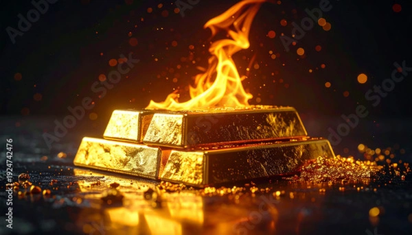 Obraz 炎に包まれた金塊　投資の過熱感とリスクを象徴するコンセプトイラスト