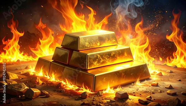 Obraz 炎に包まれた金塊　投資の過熱感とリスクを象徴するコンセプトイラスト