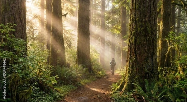 Obraz Hiker on forest trail with dramatic sunbeams