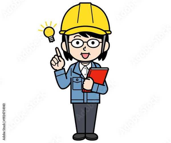 Obraz ファイルを持ってアイデアを閃くヘルメットをかぶった現場監督の中年w女性