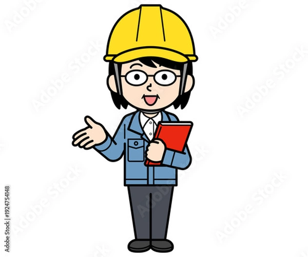 Obraz ファイルを持って説明するヘルメットをかぶった現場監督の中年女性