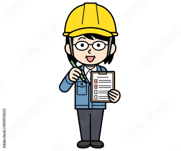 Obraz チェックリストに記入するヘルメットをかぶった現場監督の中年女性