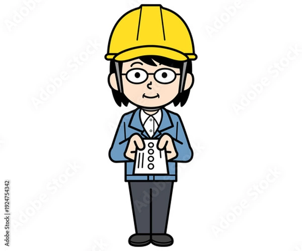 Obraz 名刺を差し出すヘルメットをかぶった現場監督の中年女性