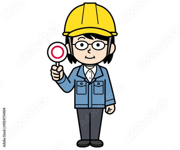 Obraz マル札を持つヘルメットをかぶった現場監督の中年女性