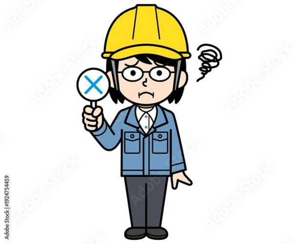 Obraz バツ札を持つヘルメットをかぶった現場監督の中年女性