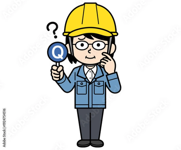 Obraz Qの札を持つヘルメットをかぶった現場監督の中年女性