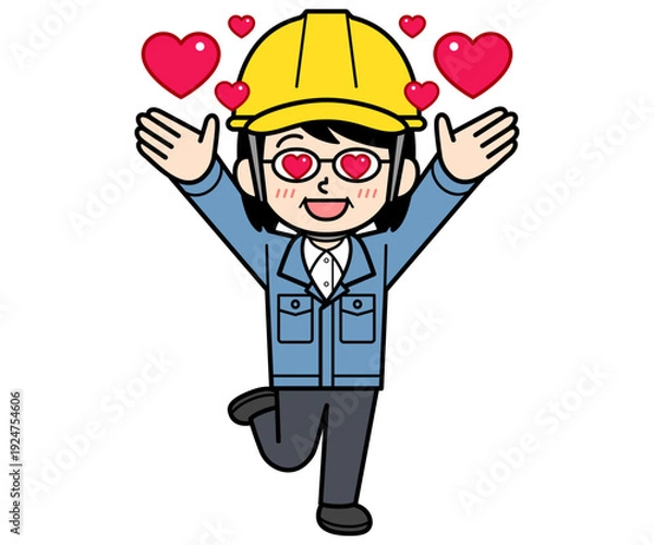 Obraz ときめき喜ぶヘルメットをかぶった現場監督の中年女性