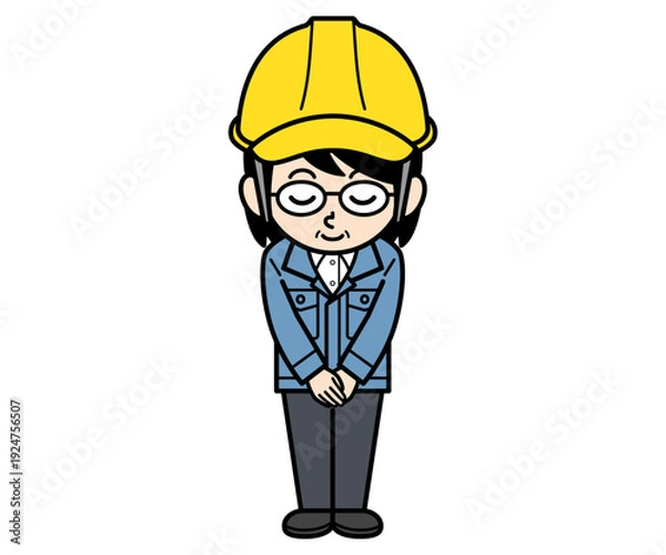 Obraz お辞儀するヘルメットをかぶった現場監督の中年女性