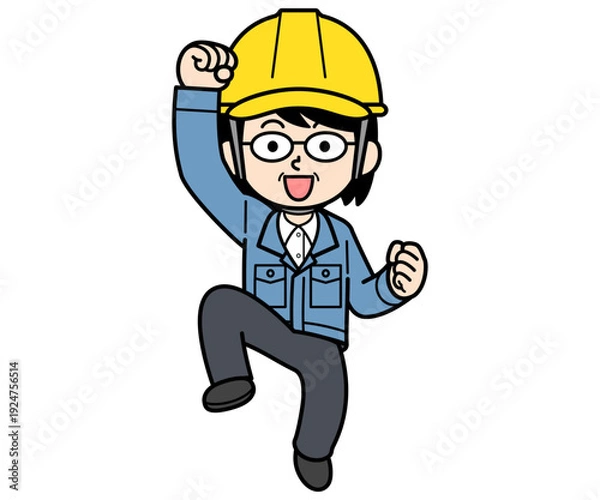 Obraz 飛び上がるヘルメットをかぶった現場監督の中年女性