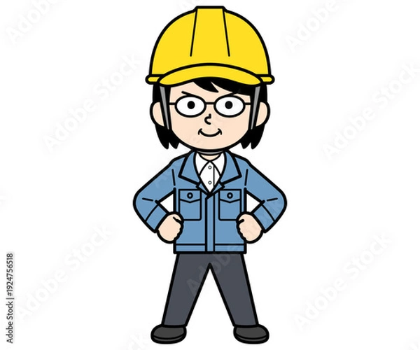 Obraz 仁王立ちするヘルメットをかぶった現場監督の中年女性