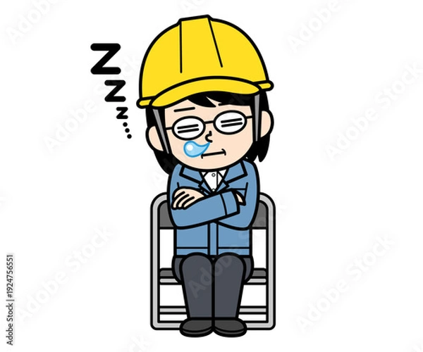 Obraz パイプ椅子に座って居眠りするヘルメットをかぶった現場監督の中年女性