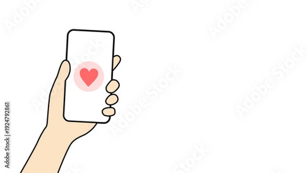 Obraz スマートフォンを持つ手とハートアイコンのイラスト