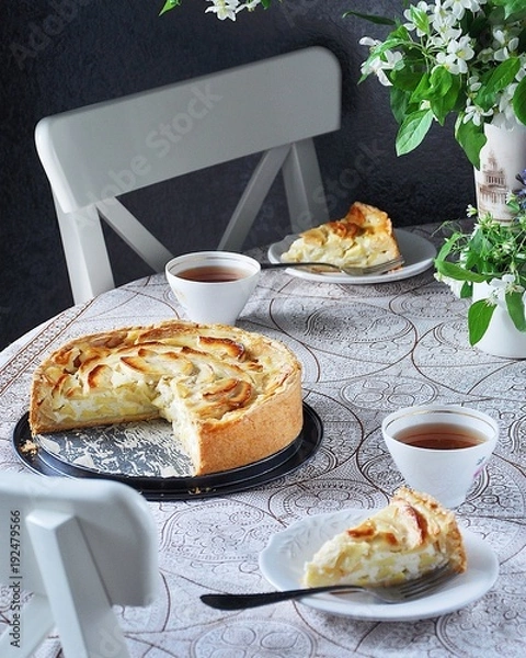 Fototapeta Tsvetaeva apple pie with curd cheese, Russian cheesecake with apples