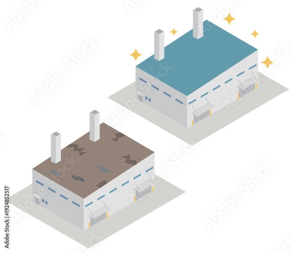 Obraz アイソメトリックな煙突のある工場の建物の屋根の修繕のビフォーアフター素材