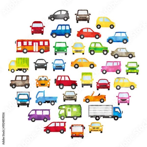 Obraz 水彩風のカラフルな車と乗り物アイコンギャラリーセット（正面・側面）