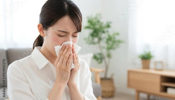 Obraz ティッシュで鼻をかむ女性：花粉症や風邪の症状で鼻をかむ若い女性の表情