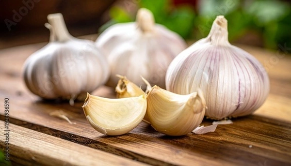 Obraz まな板の上の皮が付いたニンニク