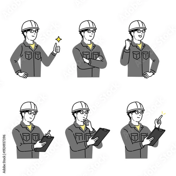 Obraz 若い建設作業員ポーズセット ヘルメットと作業着の男性 現場確認 指差し説明 安全管理イラスト