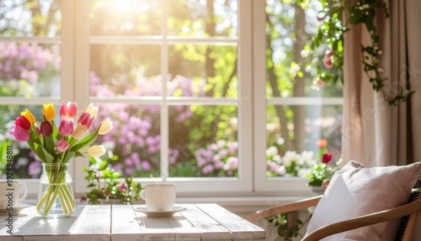 Obraz 明るい陽光に包まれた清潔感のある室内インテリアと、窓外に広がる新緑の庭園風景