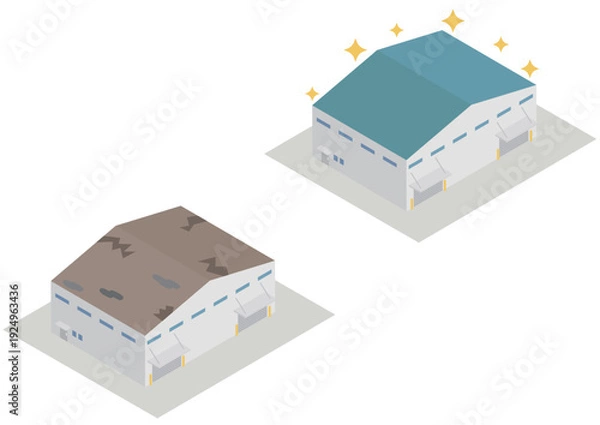 Obraz アイソメトリックな工場や倉庫の建物の屋根の修繕の前後素材