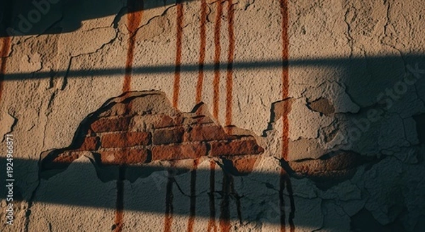 Obraz Crumbling old wall, peeling plaster exposing red bricks and vertical stains. Dramatic light and shadow patterns highlight distressed texture.
