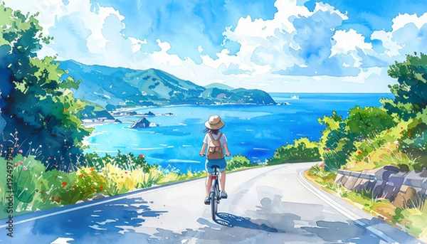Obraz サイクリング中の女性が坂道を下る海辺の風景　水彩画風イラスト