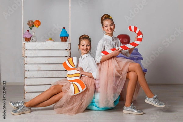 Obraz Beautiful teenage model twins sisters with big artifitial fancy cakes  and macaroons in pink tutu or tulle skirts in studio on white background
