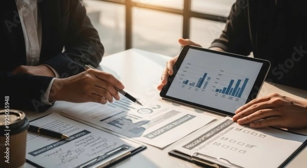Obraz Business meeting analyzing data and strategy documents