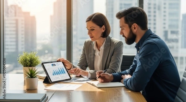 Obraz Business professionals analyzing data on a tablet