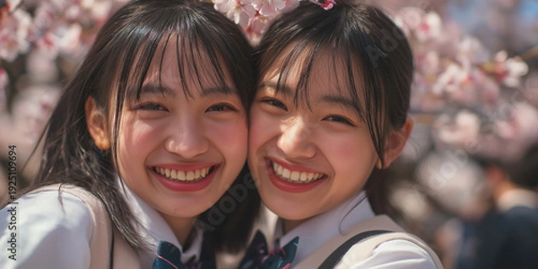 Obraz 桜の前で記念撮影する二人の女子高生