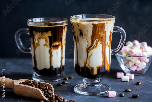Fototapeta Delicious coffee drink with marshmallows