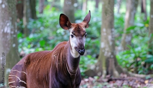 Obraz Okapi standing in soft forest light, wildlife portrait