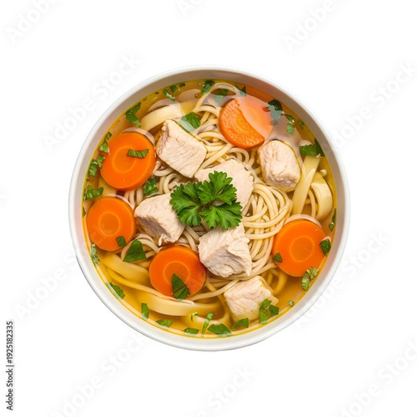 Obraz 温かい鶏肉麺、人参入り、美味しいスープ