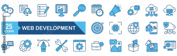 Fototapeta Web development icon set Blue Monochrome Flat concept for vector illustration concept for technology, app, computer, datum, software, design, code, application, thin, stroke, cyberspace