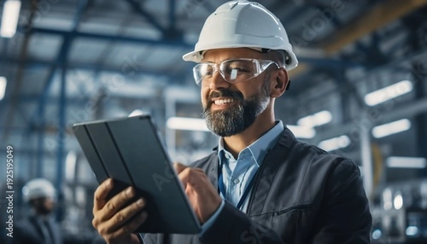Obraz Smiling industrial engineer using a digital tablet in a modern factory setting
