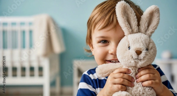 Obraz Toddler holding stuffed rabbit symbolizing childhood security