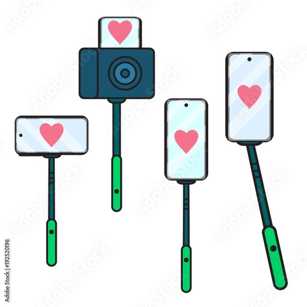 Fototapeta Set selfie stick icon with heart. Vector illustration isolated. Concept sign a blogger broadcast in social networks.