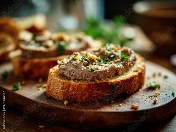Obraz Liver pate crostini slices on rustic board