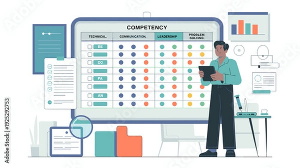 Obraz HR professional analyzing competency matrix with technical, communication, leadership and problem solving skills chart flat vector illustration 