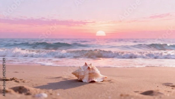 Obraz 黄金比に置かれた貝殻とパステル夕景ビーチ