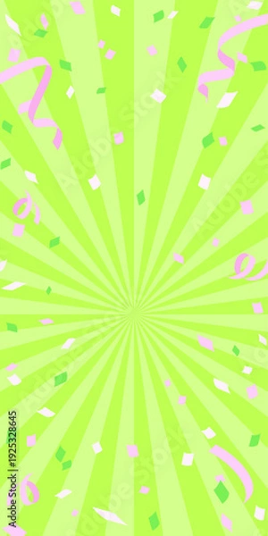 Obraz 明るい黄緑色の集中線の背景、緑にピンクの紙吹雪が散る春らしい背景イラスト
